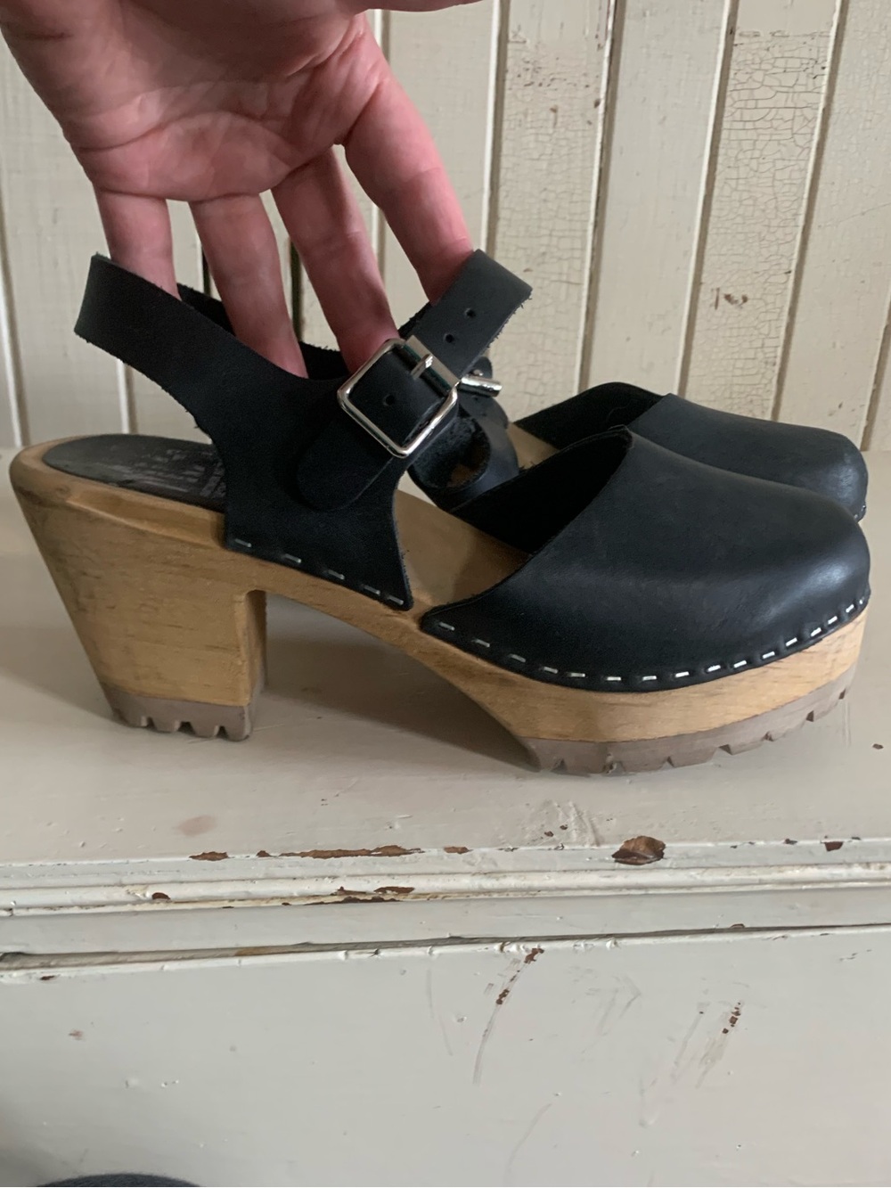 Vintage Mia Swedish Clog Sandals Black Leather with Wood Heel size 39